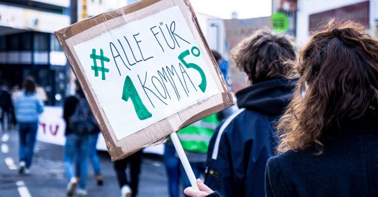 Demonstrantin auf einer Klimademo. Auf ihrem Schild steht "Alle für 1,5 Grad"